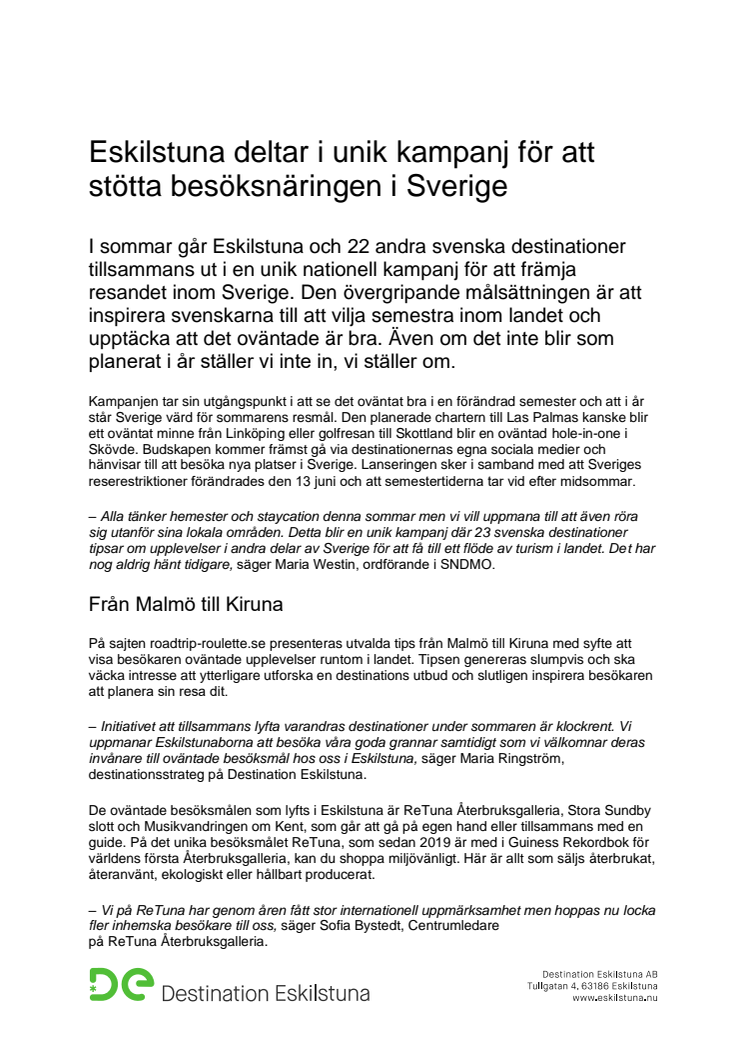 Eskilstuna deltar i unik kampanj för att stötta besöksnäringen i Sverige