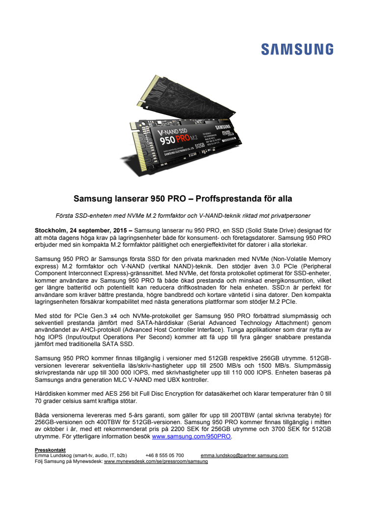 Samsung lanserar 950 PRO – Proffsprestanda för alla