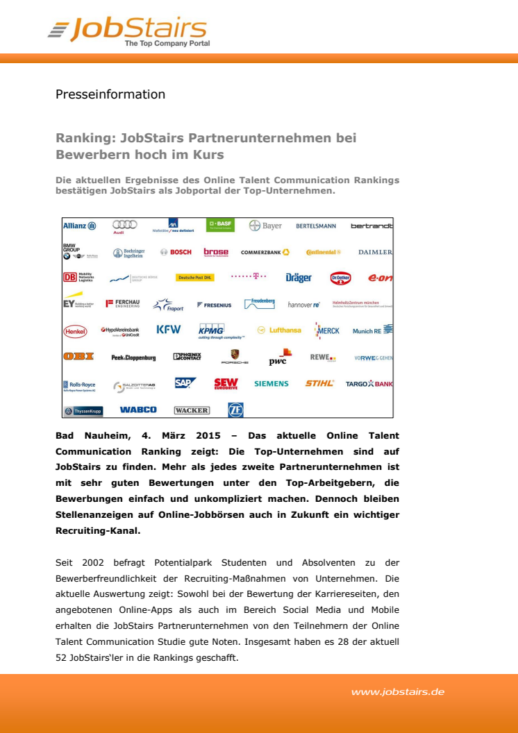 Ranking: JobStairs Partnerunternehmen bei Bewerbern hoch im Kurs