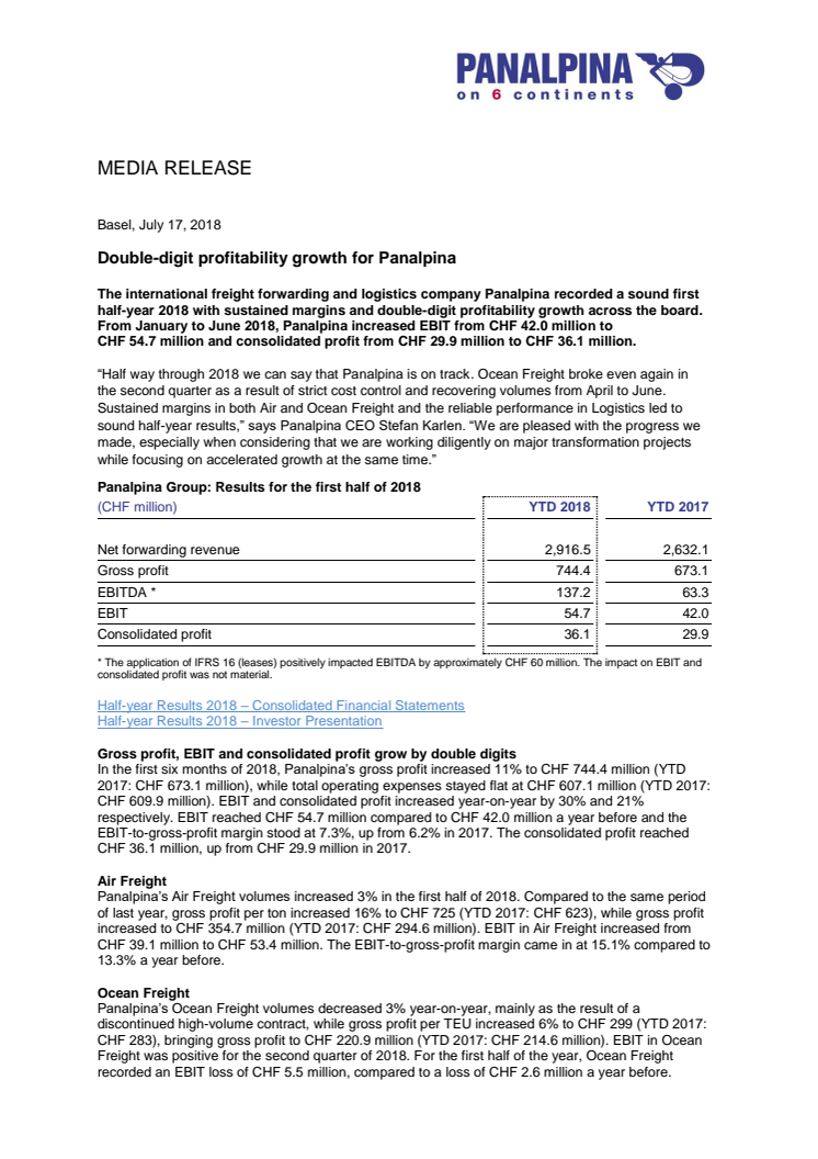 Double-digit profitability growth for Panalpina