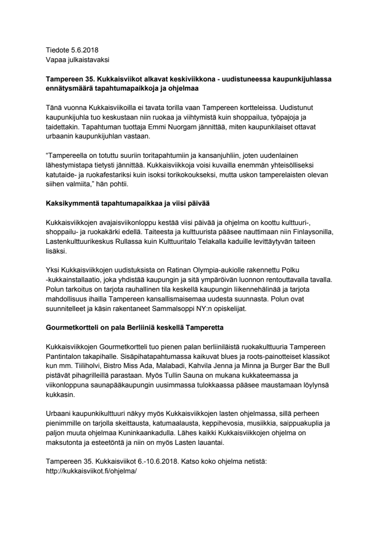 Tampereen Kukkaisviikot alkavat huomenna - uudistuneessa kaupunkijuhlassa ennätysmäärä tapahtumapaikkoja ja ohjelmaa