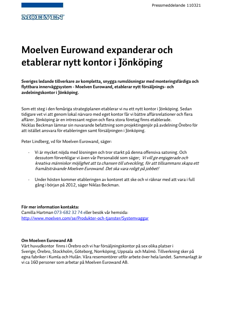 Moelven Eurowand expanderar och etablerar nytt kontor i Jönköping