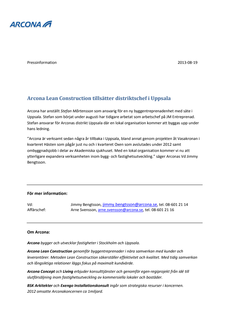Arcona Lean Construction tillsätter distriktschef i Uppsala