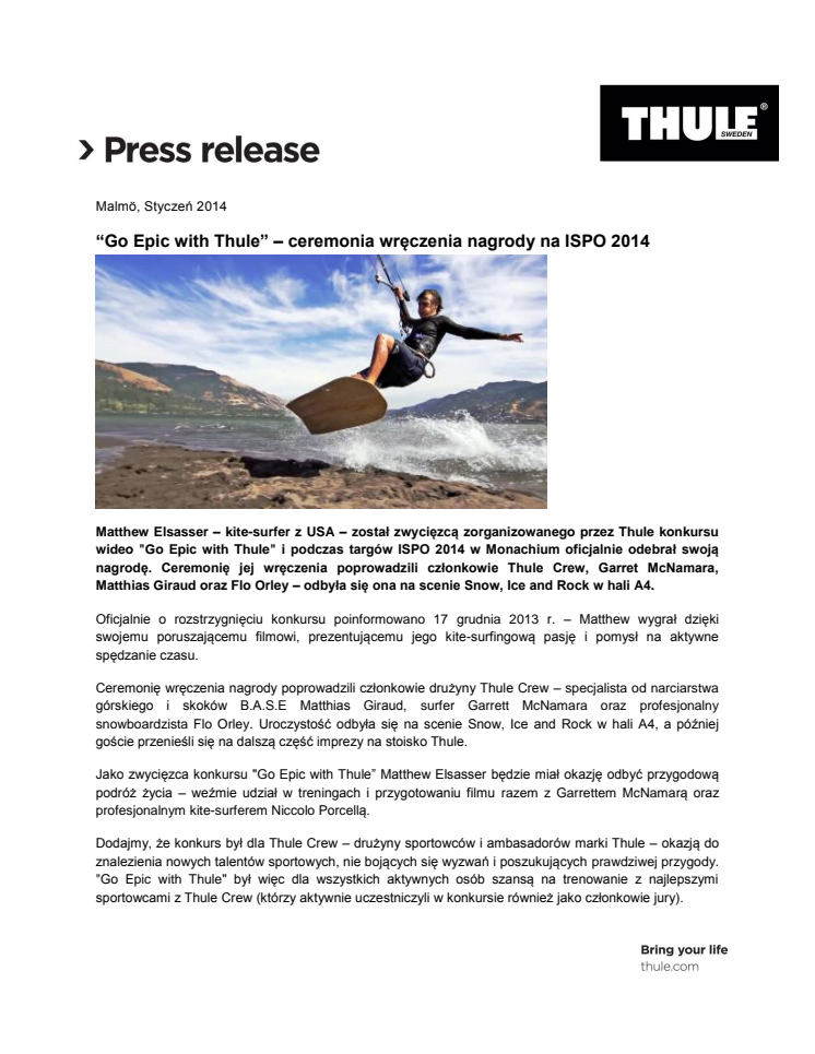 “Go Epic with Thule” – ceremonia wręczenia nagrody na ISPO 2014