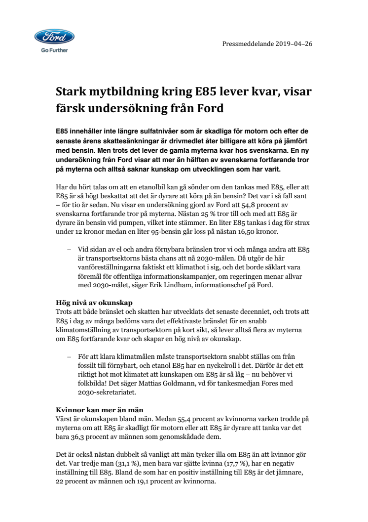 Stark mytbildning kring E85 lever kvar, visar färsk undersökning från Ford