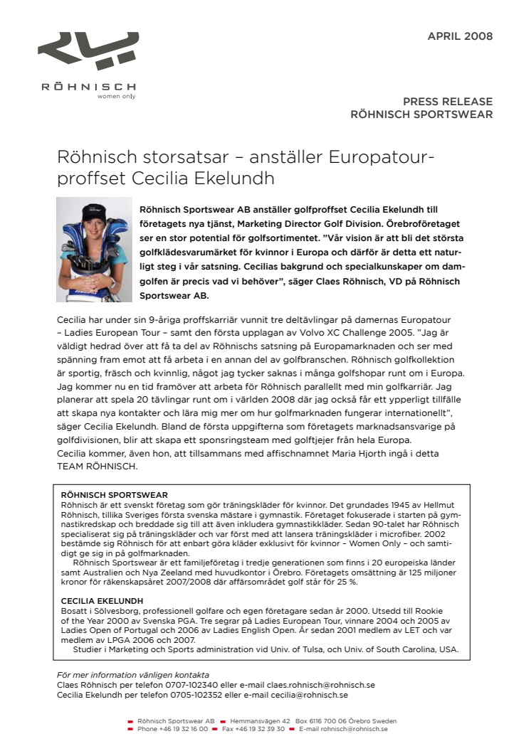 Röhnisch storsatsar – anställer Europatourproffset Cecilia Ekelundh