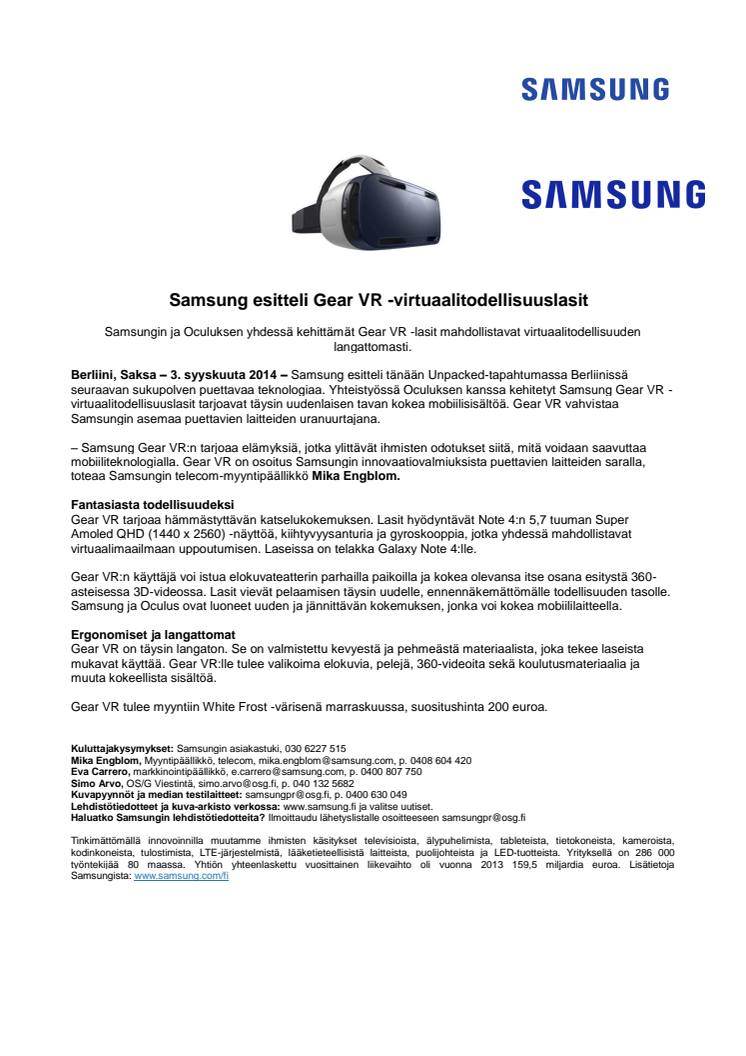 Samsung esitteli Gear VR -virtuaalitodellisuuslasit