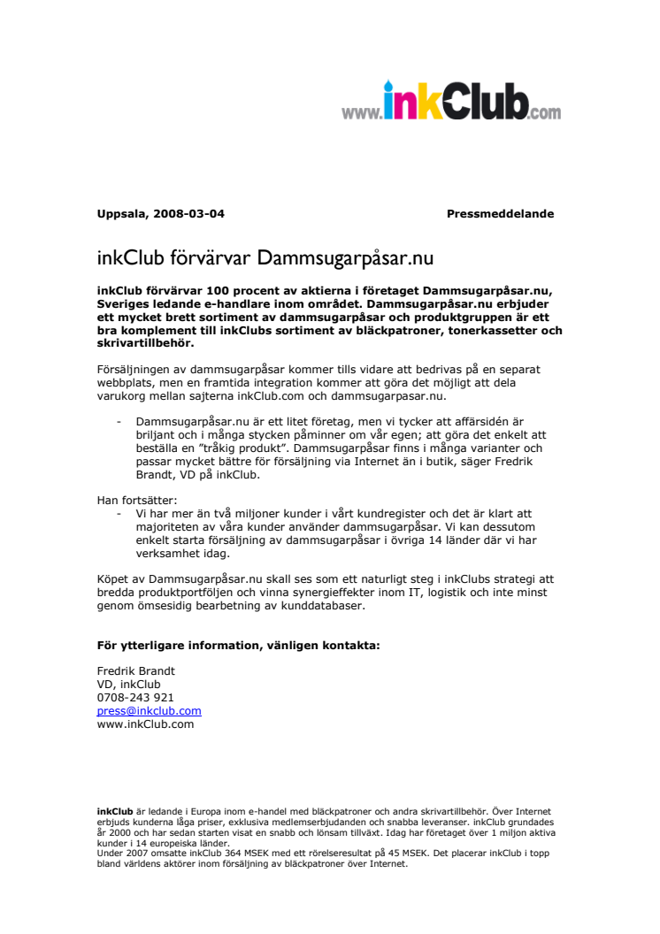 inkClub förvärvar Dammsugarpåsar.nu