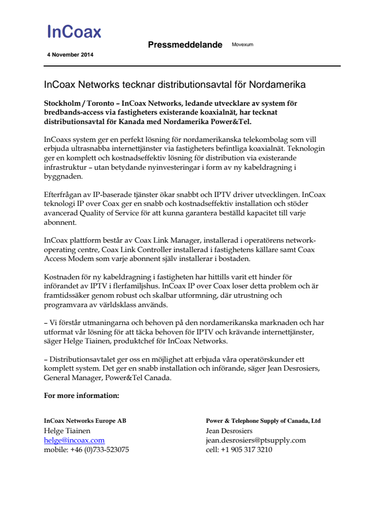 InCoax har tecknat ett distributionsavtal för Nordamerika