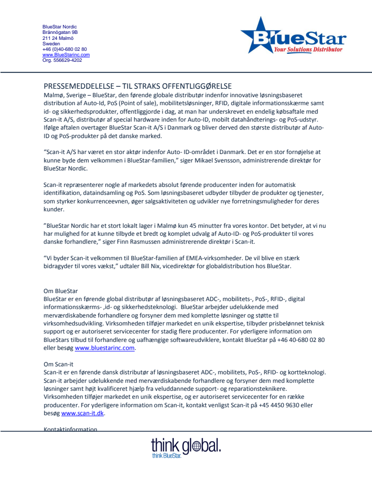 BlueStar Nordic erhverver Scan-IT A/S i Danmark