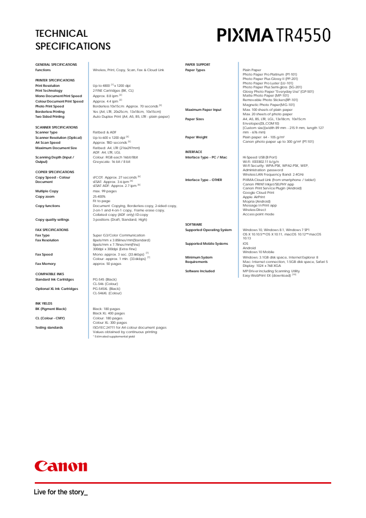 Pixma TR4550 Spec Sheet