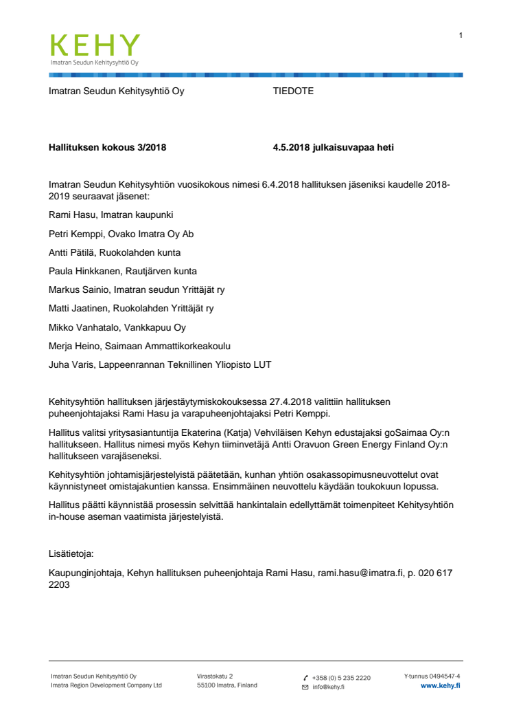 Imatran Seudun Kehitysyhtiön hallitus kaudelle 2018-2019