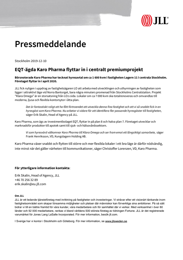 EQT-ägda Karo Pharma flyttar in i centralt premiumprojekt 