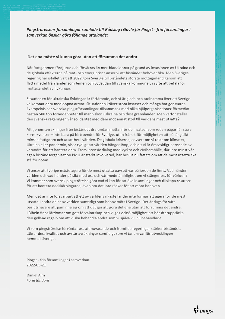 Uttalande från Pingströrelsens församlingar samlade till Rådslag i Gävle 2022