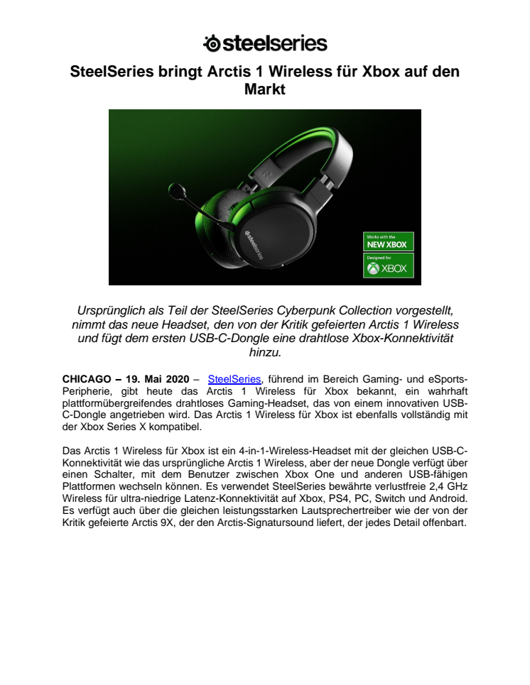 SteelSeries bringt Arctis 1 Wireless für Xbox auf den Markt