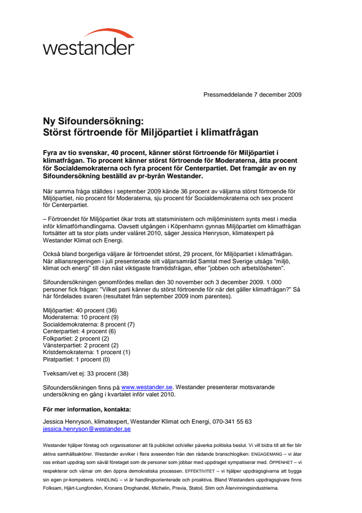 Ny Sifoundersökning: Störst förtroende för Miljöpartiet i klimatfrågan