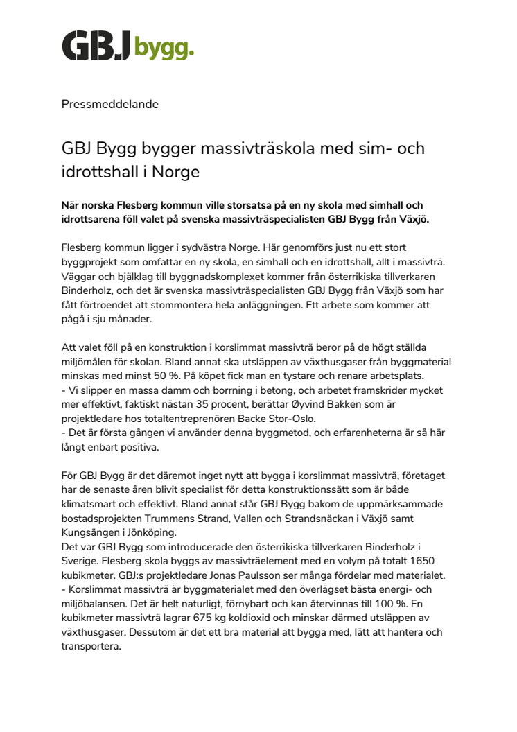 GBJ Bygg bygger massivträskola med sim- och idrottshall i Norge