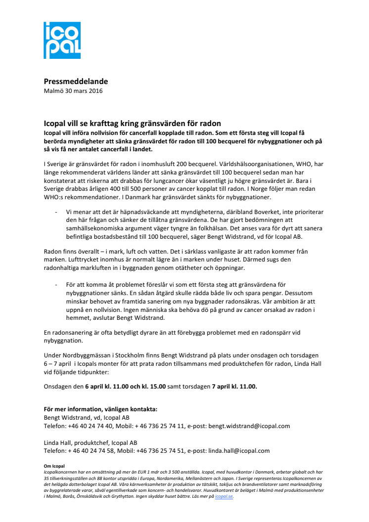 Icopal vill se krafttag kring gränsvärden för radon