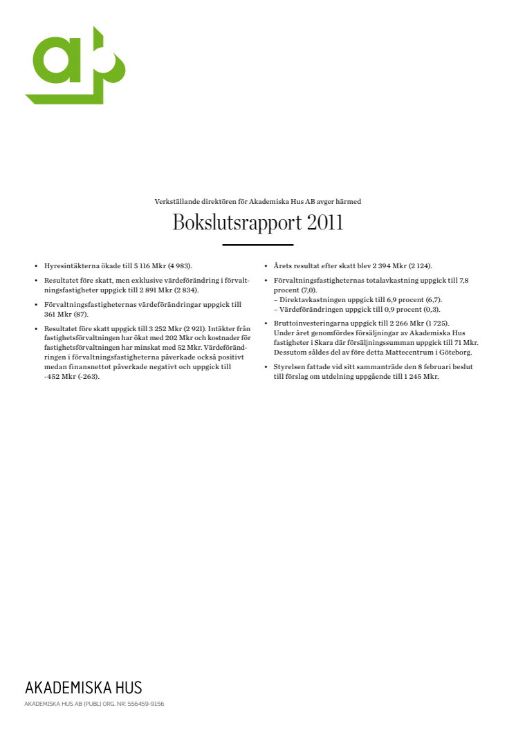 Akademiska Hus bokslutsrapport 2011