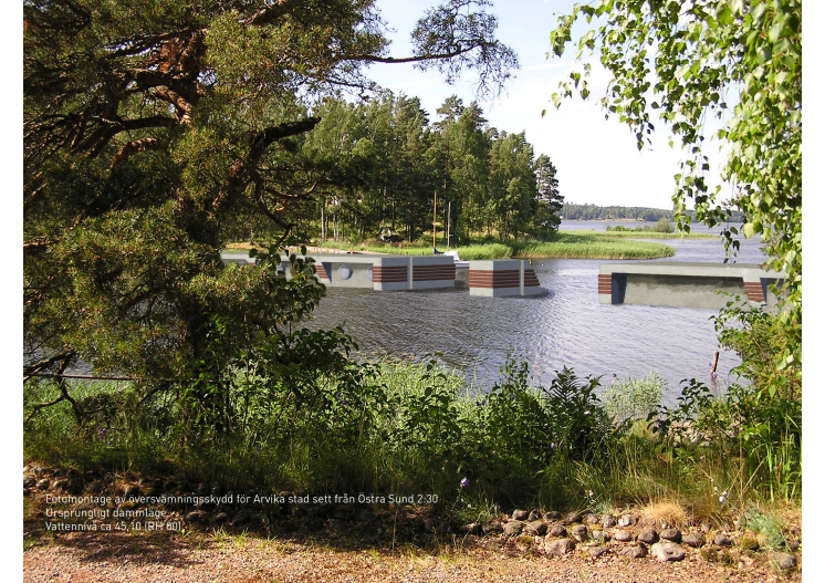 Fotomontage av dammen i sundet mellan Kyrkviken och Glafsfjorden