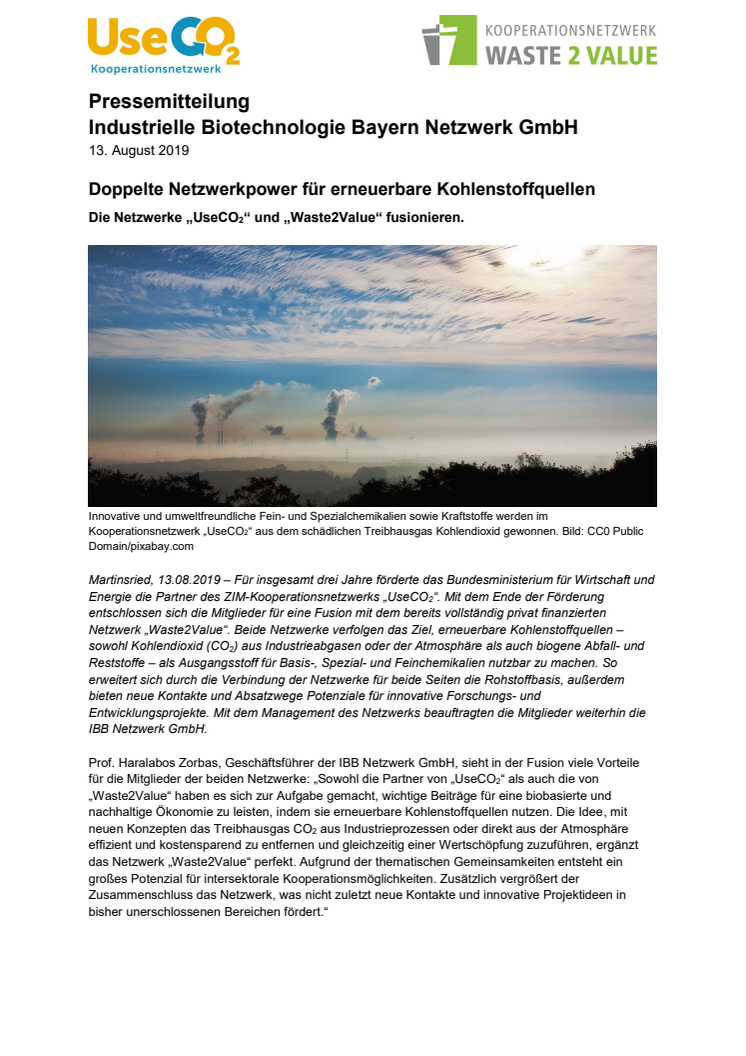 Doppelte Netzwerkpower für erneuerbare Kohlenstoffquellen - Das ZIM-Kooperationsnetzwerk „UseCO2“ und das „Waste2Value“-Netzwerk fusionieren.