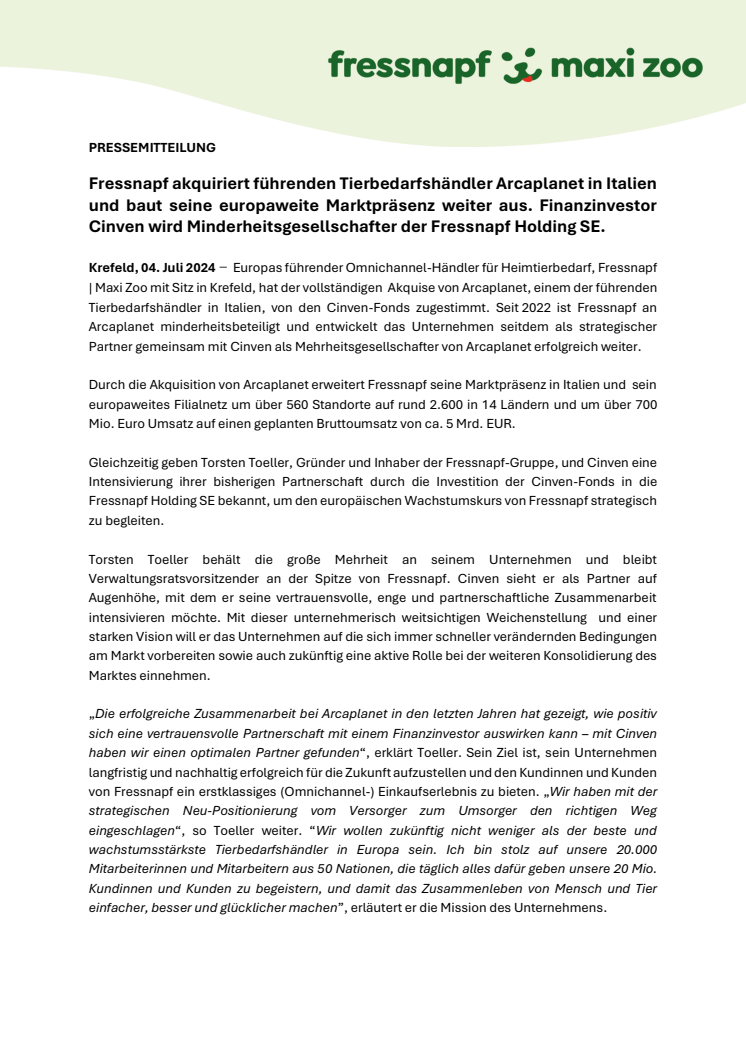 240704_Fressnapf übernimmt Arcaplanet. Cinven wird Gesellschafter.pdf