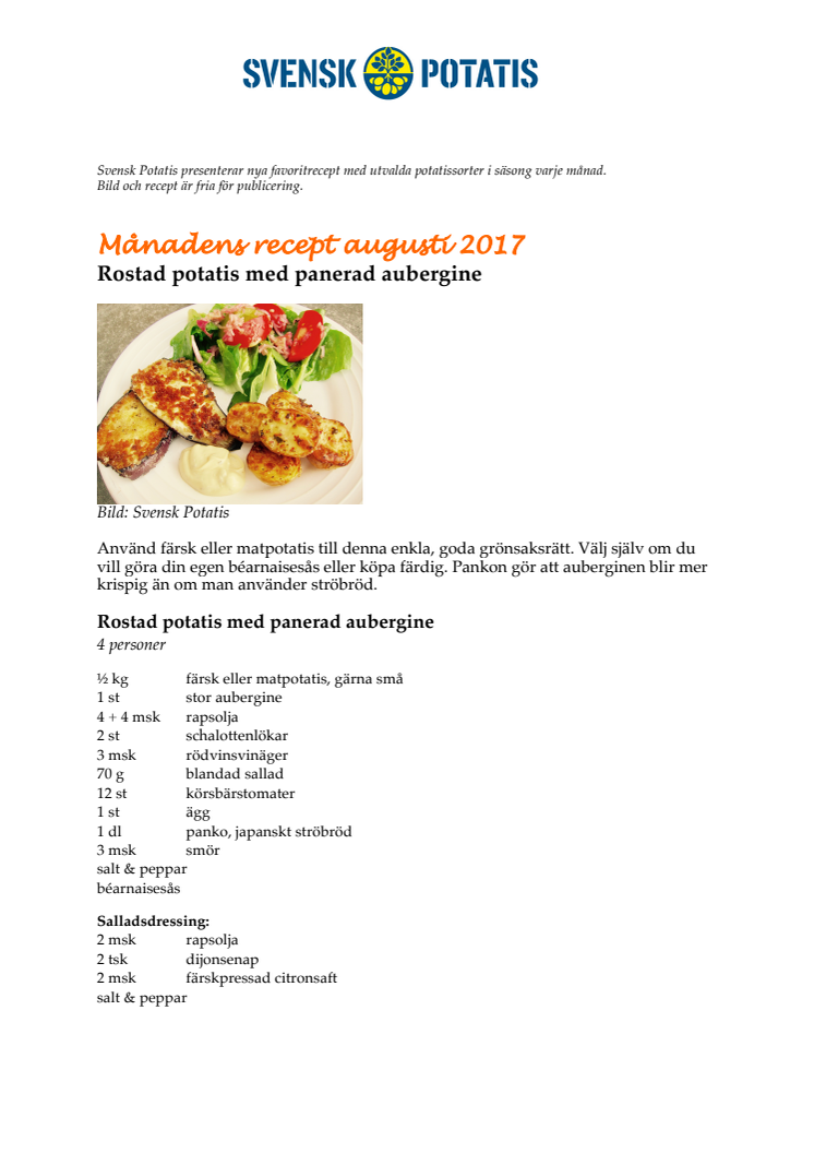 Månadens recept augusti - Rostad potatis med panerad aubergine