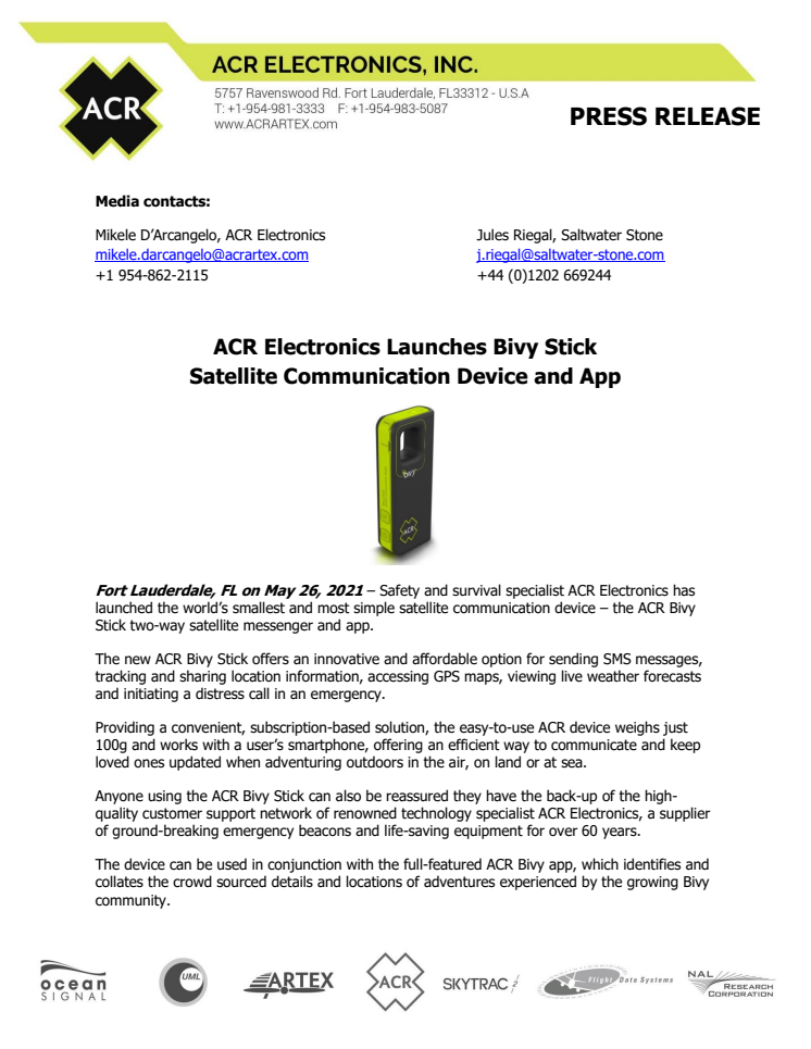 ACR Electronics Launches Bivy Stick Satellite Communication Device and App