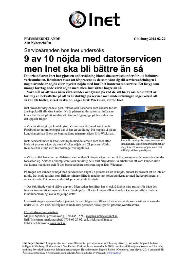 9 av 10 nöjda med datorservicen men Inet ska bli bättre än så  