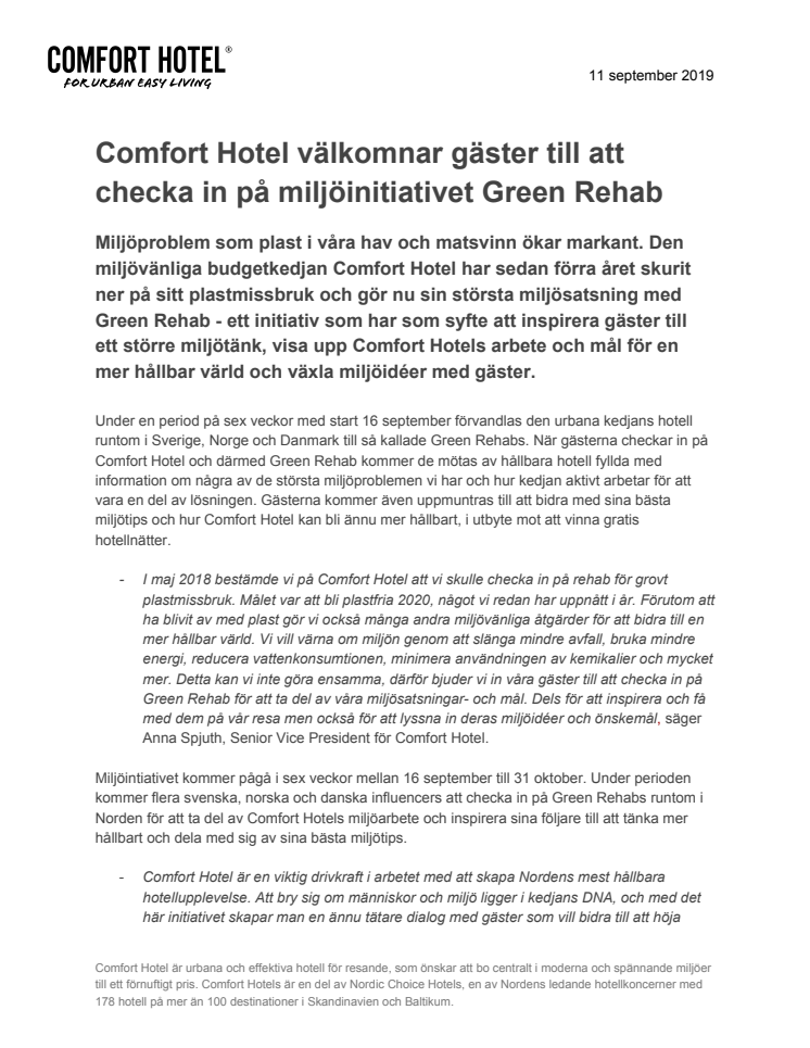 Comfort Hotel välkomnar gäster till att checka in på miljöinitiativet Green Rehab