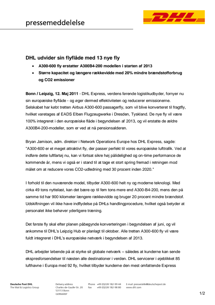 DHL udvider sin flyflåde med 13 nye fly