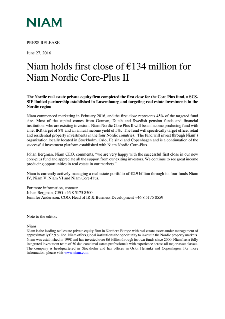 Niam holds first close of €134 million for Niam Nordic Core-Plus II 