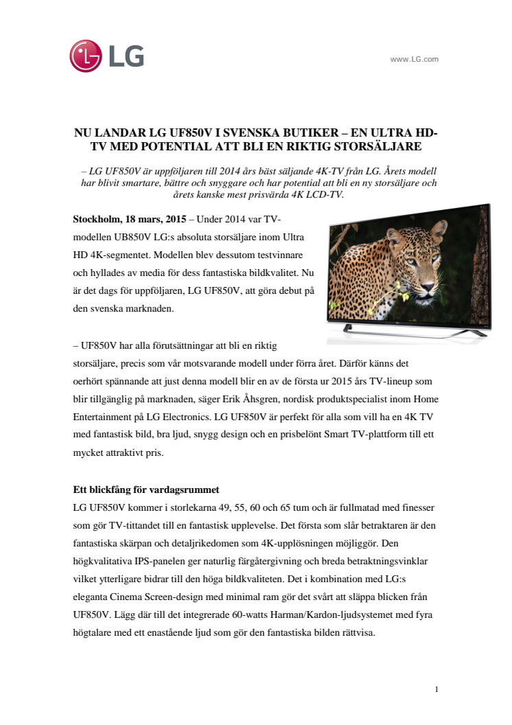 NU LANDAR LG UF850V I SVENSKA BUTIKER – EN ULTRA HD-TV MED POTENTIAL ATT BLI EN RIKTIG STORSÄLJARE