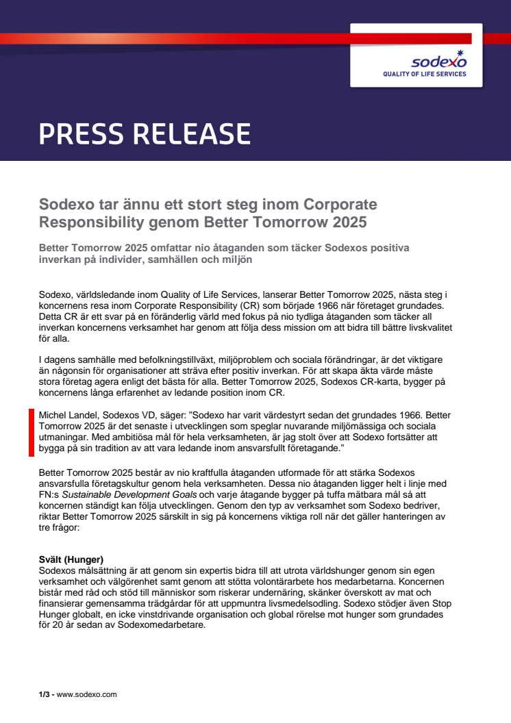 Sodexo tar ännu ett stort steg inom Corporate Responsibility genom Better Tomorrow 2025