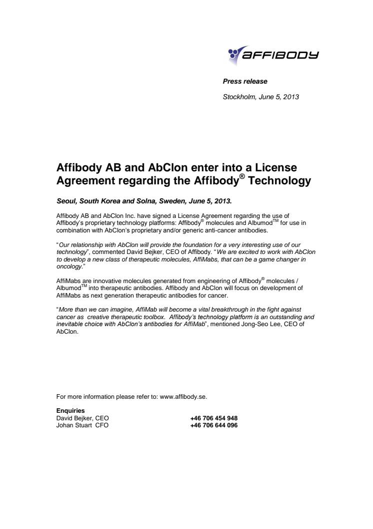 Affibody AB and AbClon enter into a License Agreement regarding the Affibody® Technology