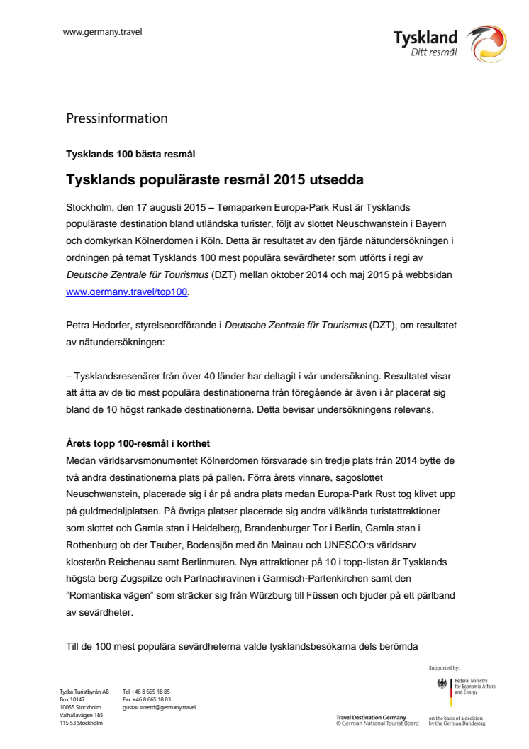 ​Tysklands populäraste resmål 2015 utsedda
