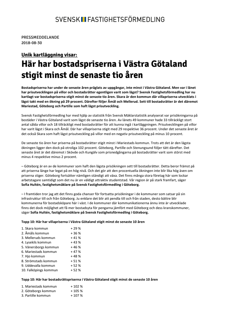 Unik kartläggning visar: Här har bostadspriserna i Västra Götaland  stigit minst de senaste tio åren