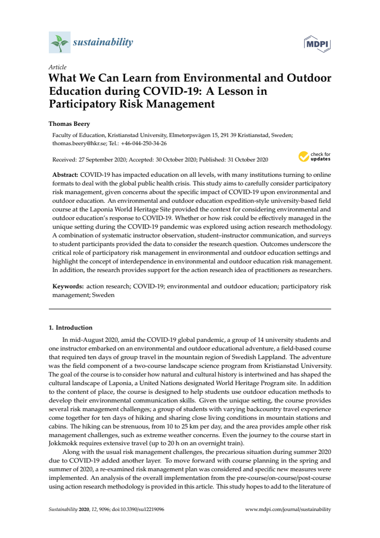 What We Can Learn from Environmental and Outdoor Education during COVID-19: A Lesson in Participatory Risk Management