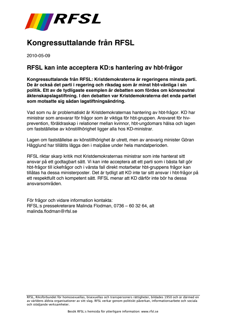 RFSL kan inte acceptera KD:s hantering av hbt-frågor