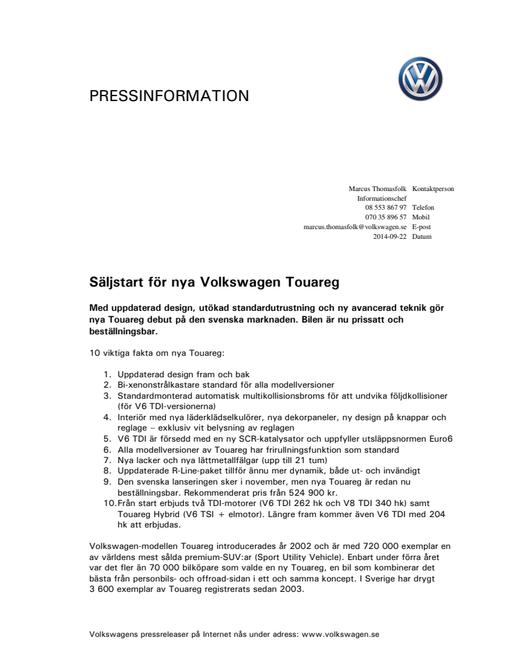 Säljstart för nya Volkswagen Touareg