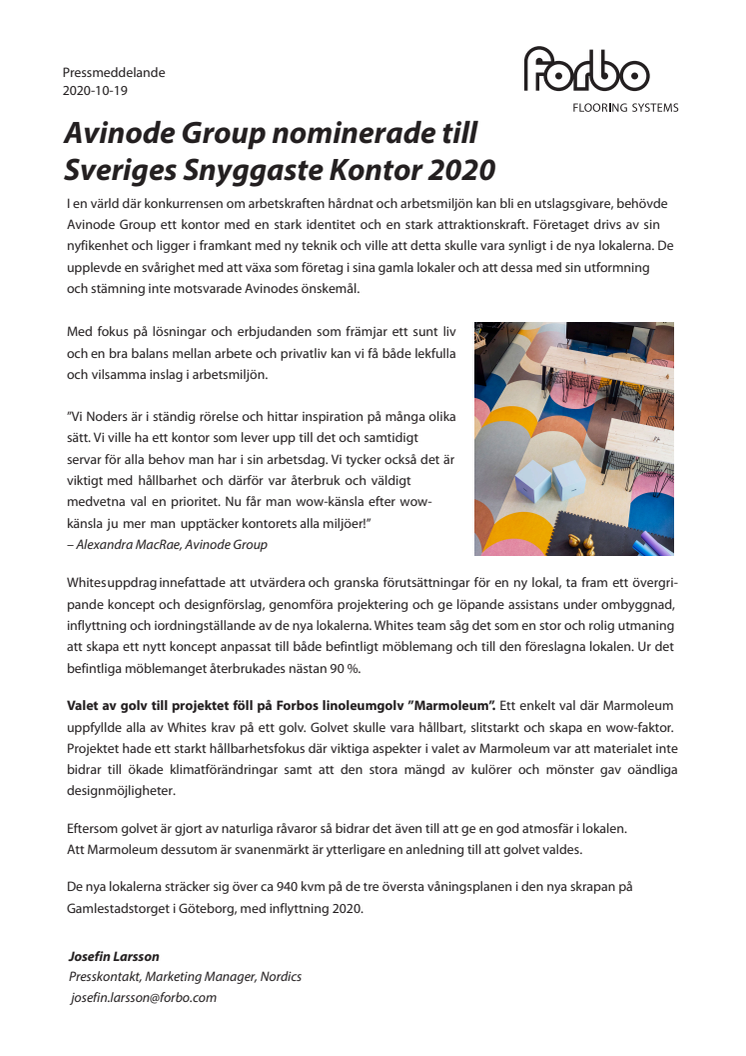 Forbo Pressrelease – Avinode Group nominerade till Sveriges Snyggaste Kontor 2020