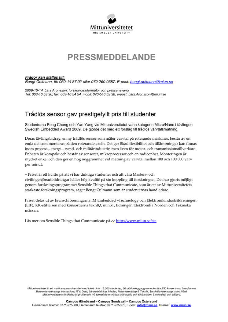 Trådlös sensor gav prestigefyllt pris till studenter