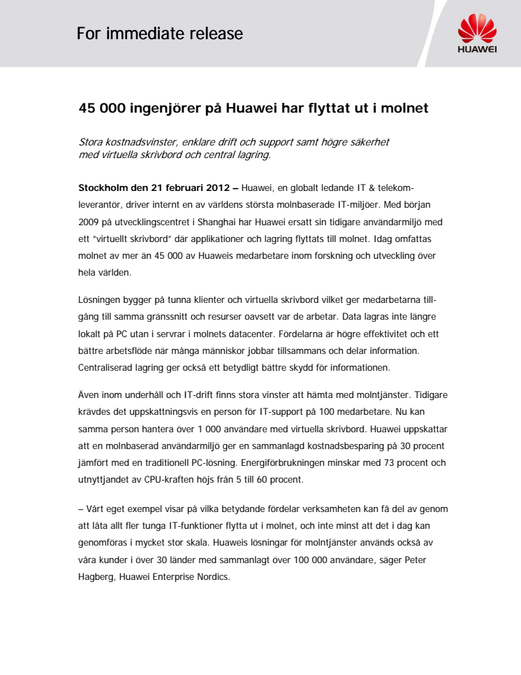 45 000 ingenjörer på Huawei har flyttat ut i molnet