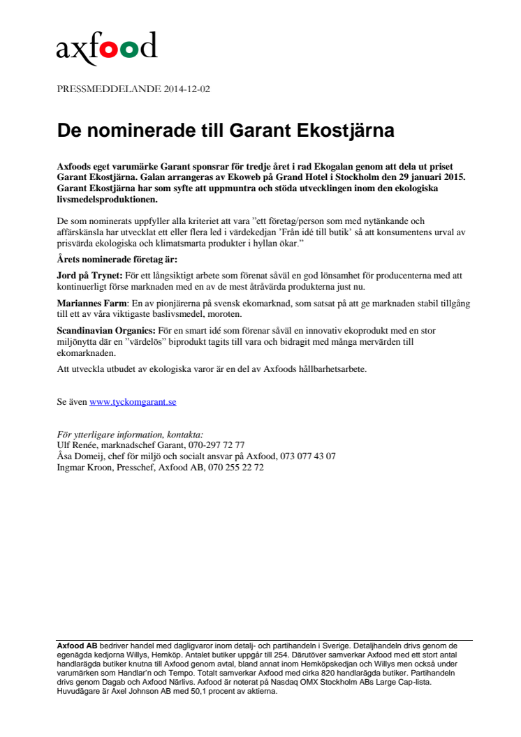 De nominerade till Garant Ekostjärna