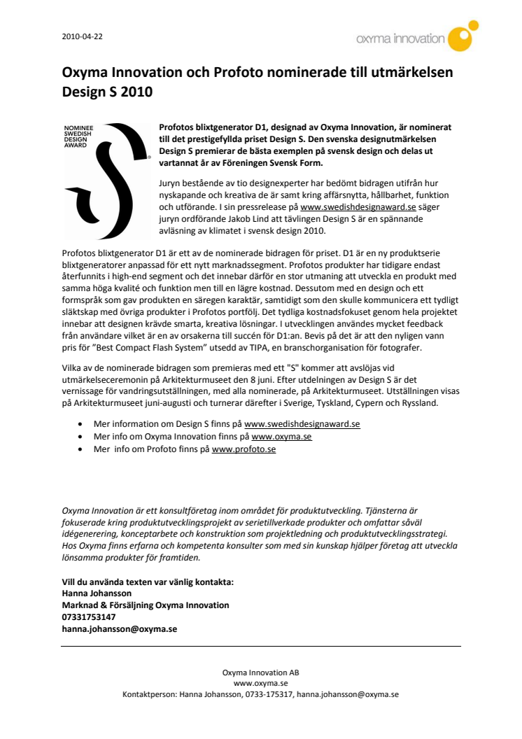 Oxyma Innovation och Profoto nominerade till utmärkelsen Design S 2010