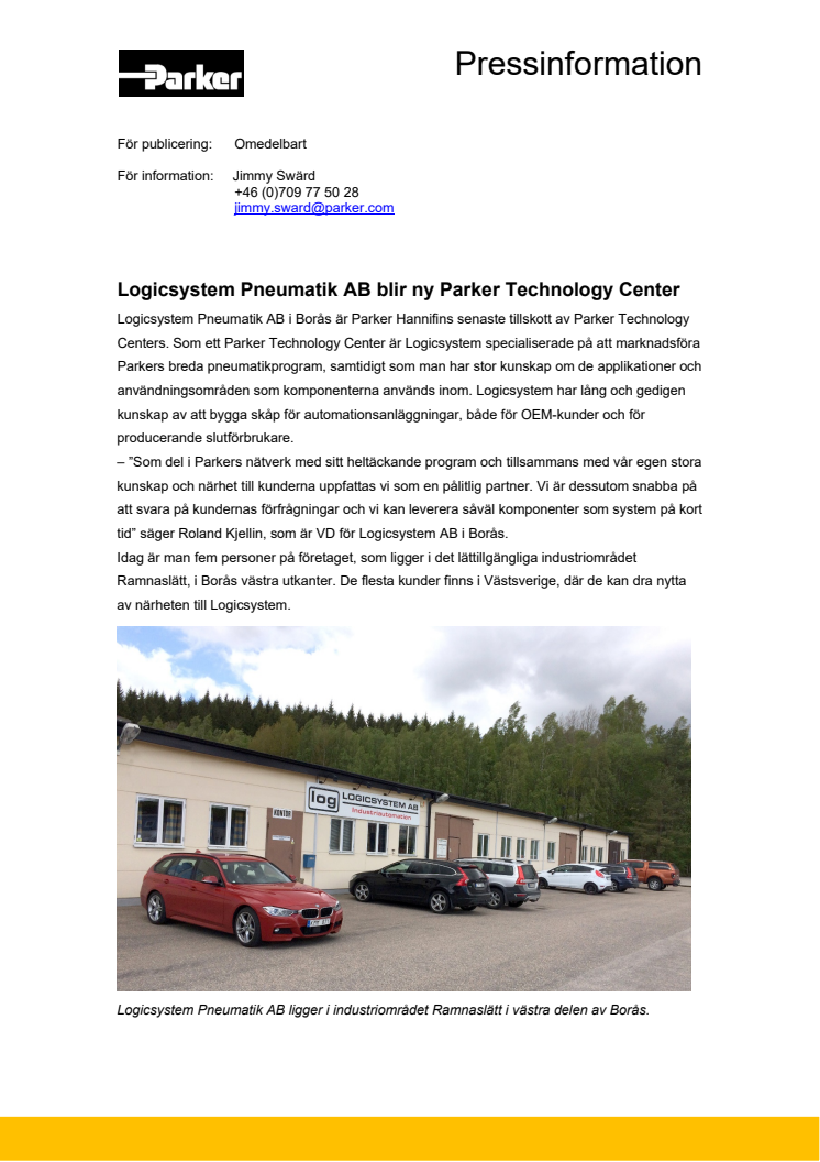 Logicsystem Pneumatik AB blir ny Parker Technology Center