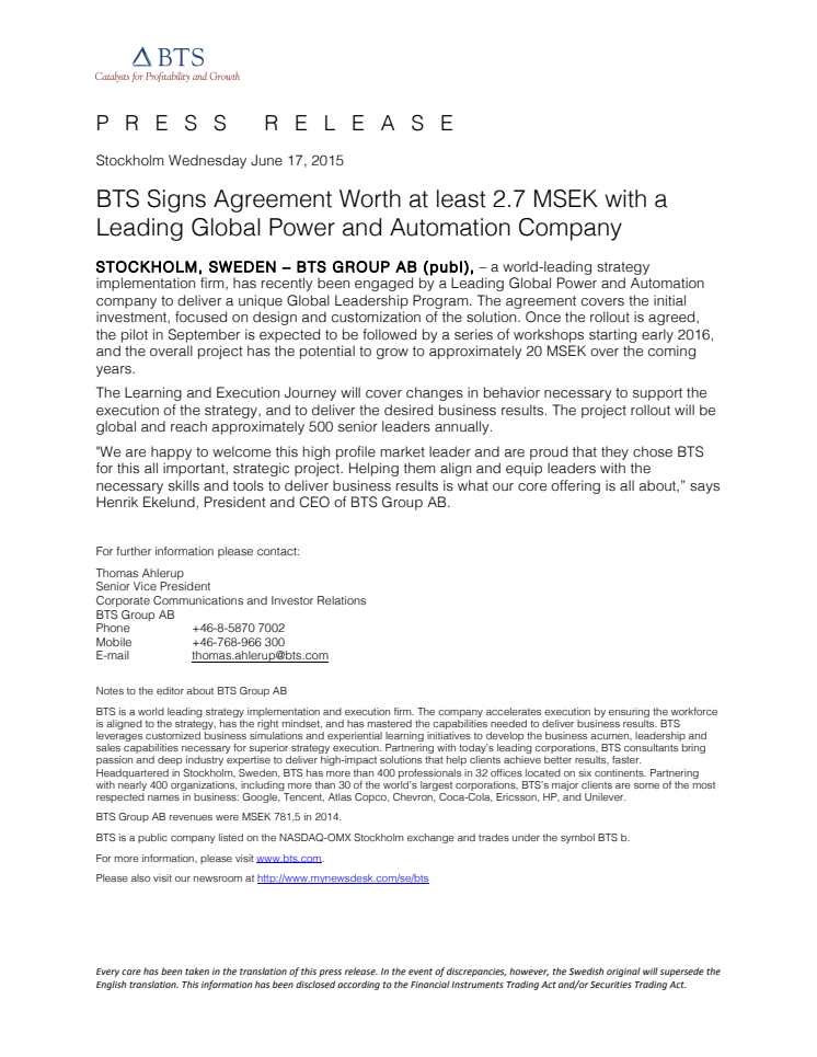 BTS Signs Agreement Worth at least 2.7 MSEK with a Leading Global Power and Automation Company
