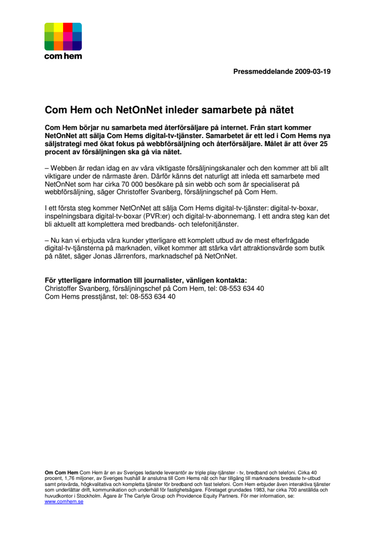 Com Hem och NetOnNet inleder samarbete på nätet