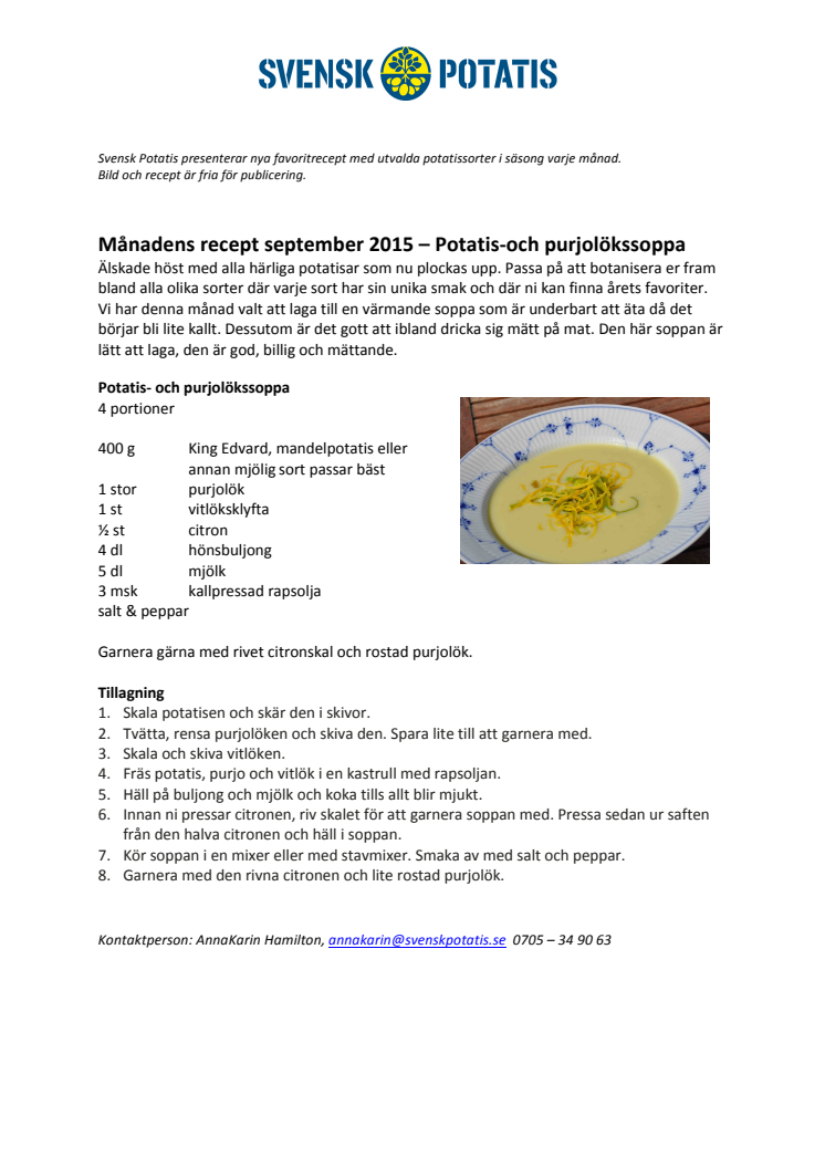 Månadens recept september: Potatis- och purjolökssoppa
