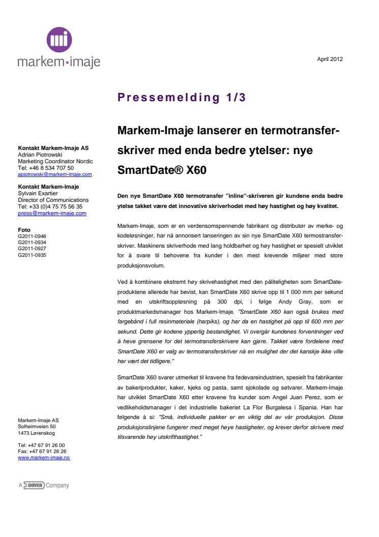 Markem-Imaje lanserer en termotransfer-skriver med enda bedre ytelser: nye SmartDate® X60